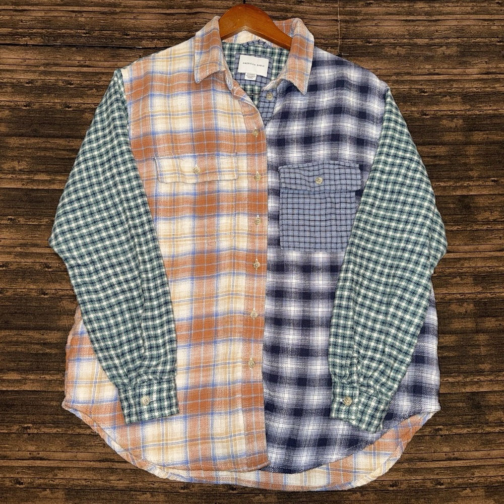 American Eagle Women XS Patchwork Multi Plaid Flannel Button Up Shirt Grunge